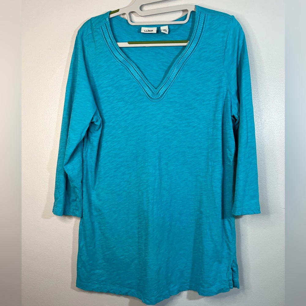 L.L. Bean Women's Cotton Slub Turquoise Blue V-Neck Tunic Top Size M Medium